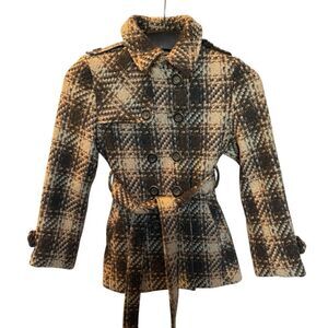 DKNY Women's Gray/Cream Plaid Wool Blend Pea Coat Belted Size 12